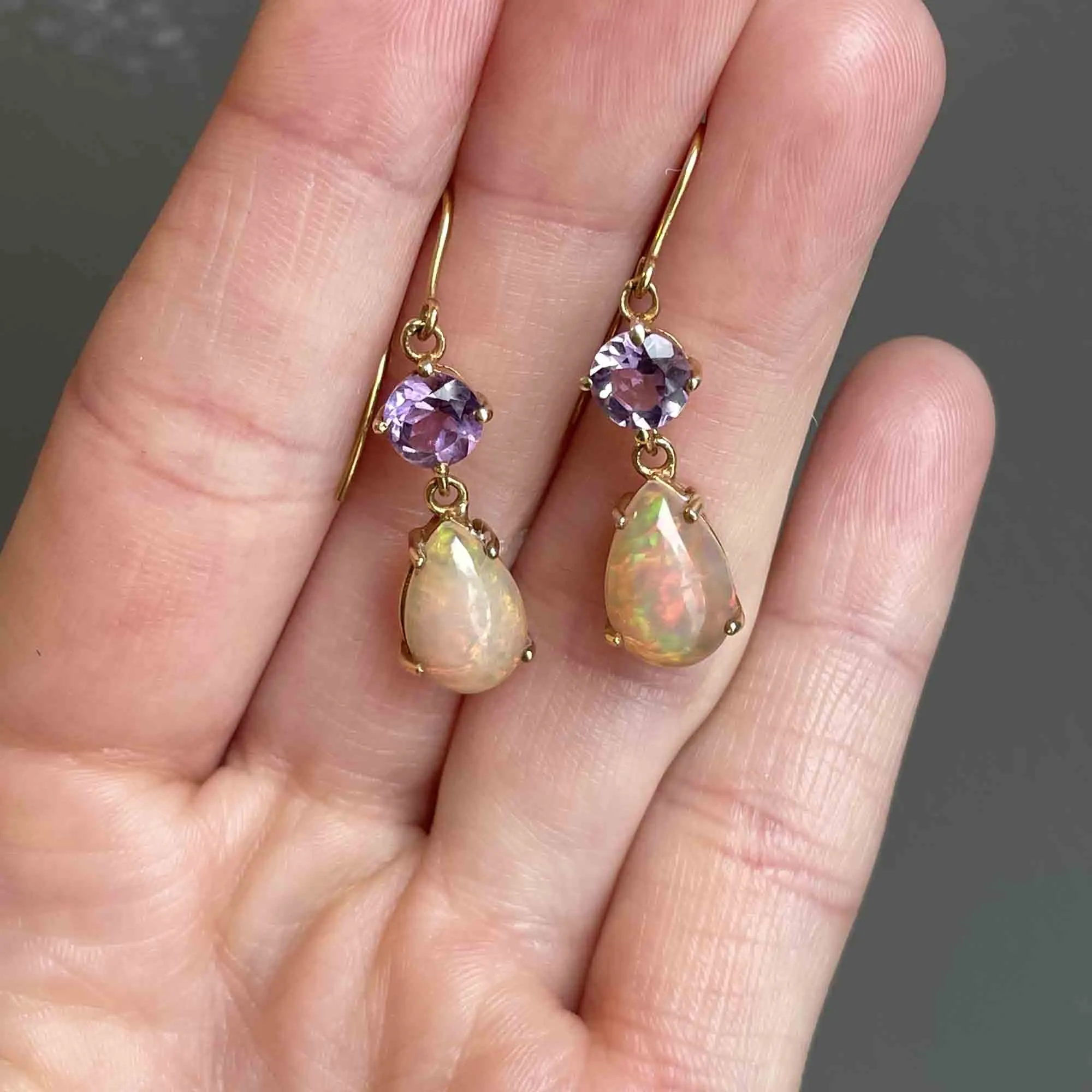 Vintage Amethyst Fire Opal Gold Dangle Earrings