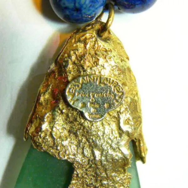 Vintage YSL Blue Bead Necklace with Green Pendant