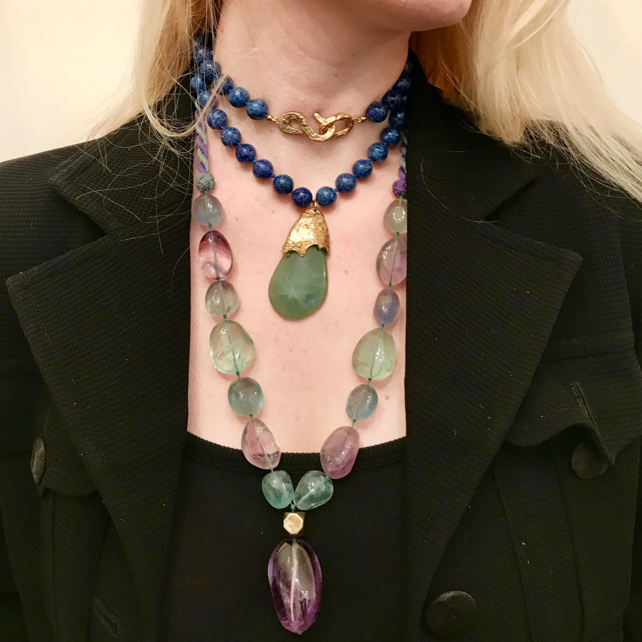 Vintage YSL Blue Bead Necklace with Green Pendant