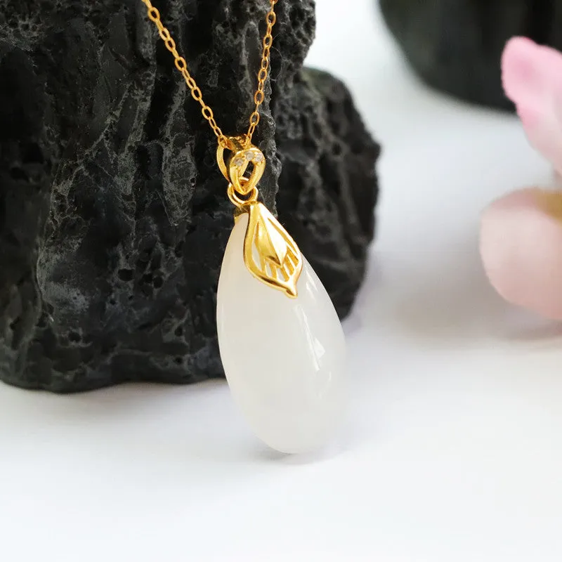 White Hetian Jade Droplet Necklace with Sterling Silver