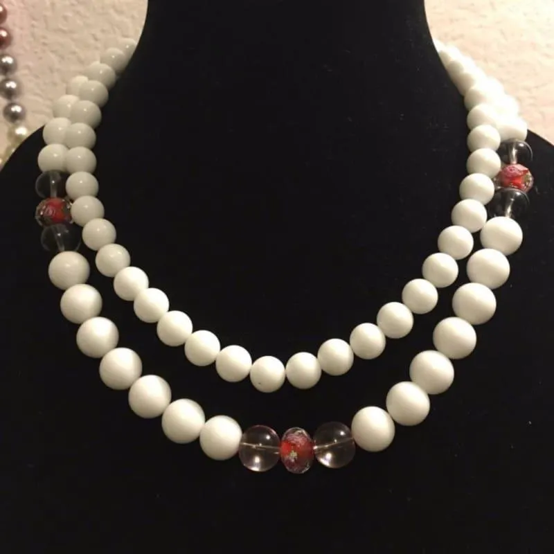 White Jade Double Strand with Lampwork Ascent Necklace.