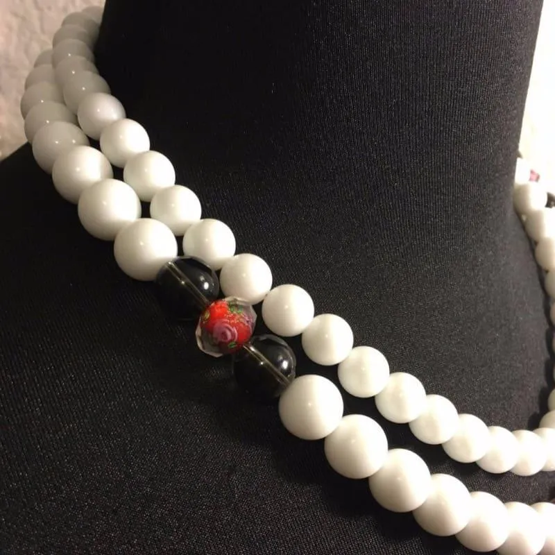 White Jade Double Strand with Lampwork Ascent Necklace.