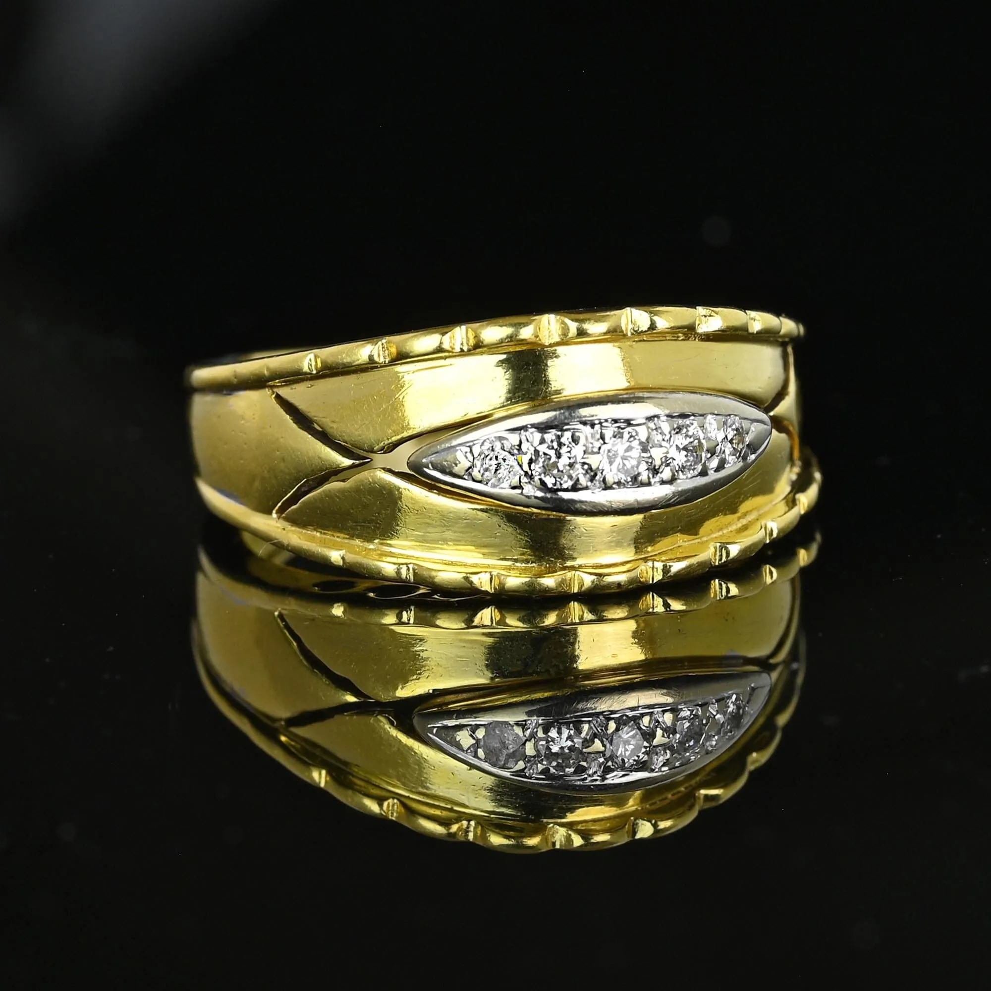 Wide 18K Gold Scallop Edge Diamond Five Stone Ring Band