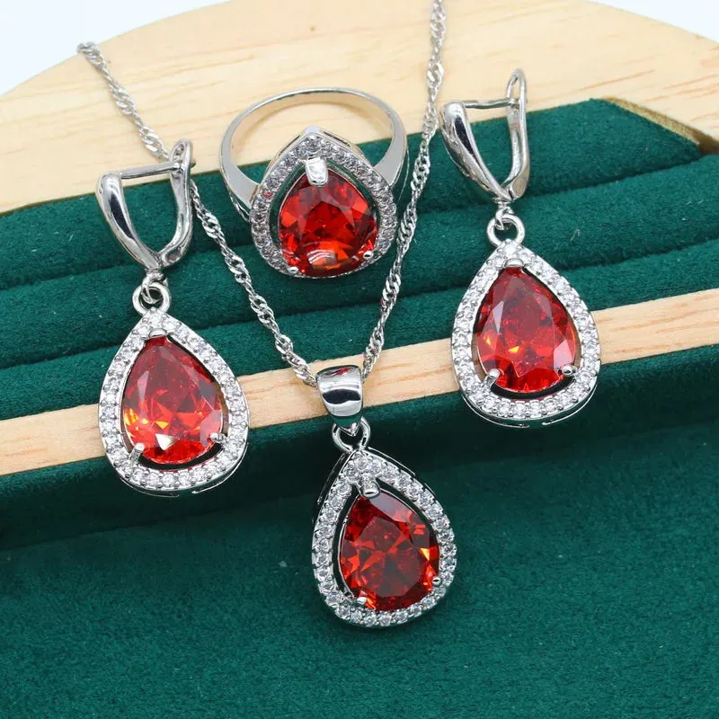 Women's Wedding Pendant Necklace,  Earrings, Bracelet & Ring Set - 925 Silver With Water Drop Design Rainbow Topaz  Jewelry Set For Party, Daily Wear Or Special Occasions - Ideal Gift for Women