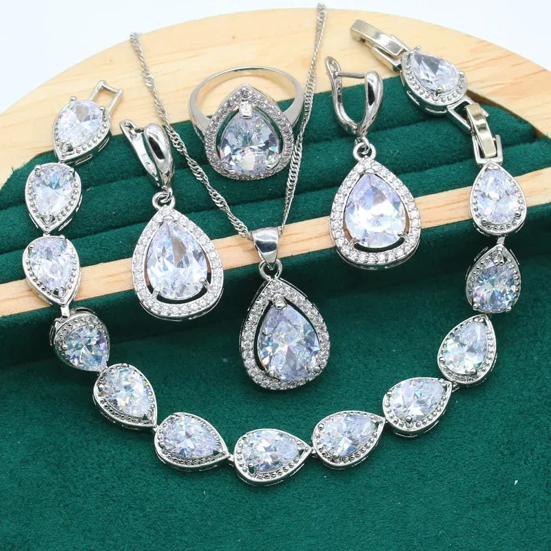 Women's Wedding Pendant Necklace,  Earrings, Bracelet & Ring Set - 925 Silver With Water Drop Design Rainbow Topaz  Jewelry Set For Party, Daily Wear Or Special Occasions - Ideal Gift for Women