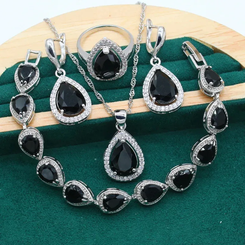 Women's Wedding Pendant Necklace,  Earrings, Bracelet & Ring Set - 925 Silver With Water Drop Design Rainbow Topaz  Jewelry Set For Party, Daily Wear Or Special Occasions - Ideal Gift for Women