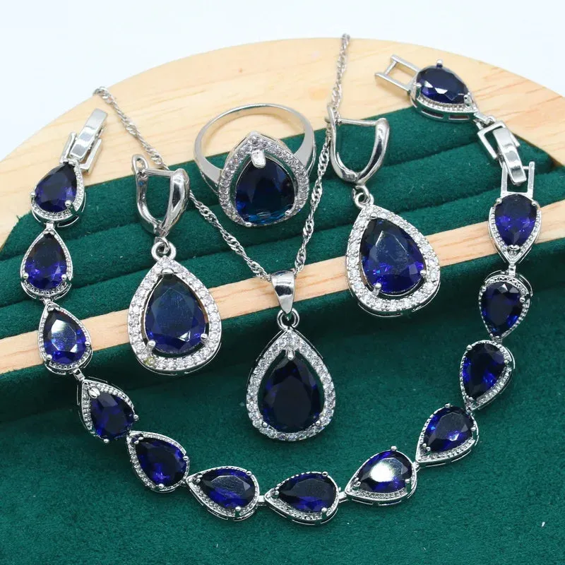 Women's Wedding Pendant Necklace,  Earrings, Bracelet & Ring Set - 925 Silver With Water Drop Design Rainbow Topaz  Jewelry Set For Party, Daily Wear Or Special Occasions - Ideal Gift for Women