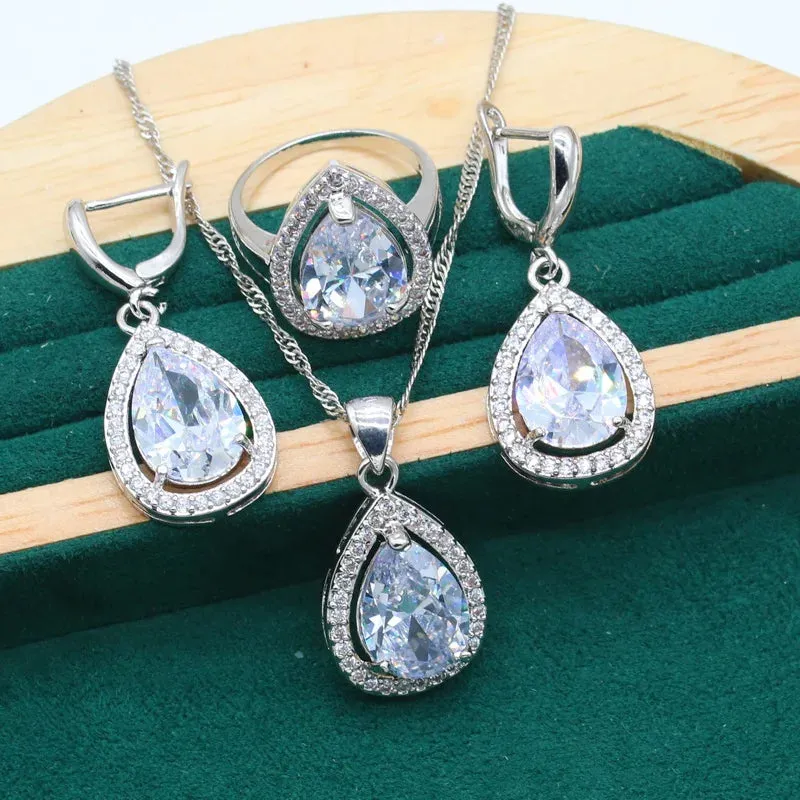 Women's Wedding Pendant Necklace,  Earrings, Bracelet & Ring Set - 925 Silver With Water Drop Design Rainbow Topaz  Jewelry Set For Party, Daily Wear Or Special Occasions - Ideal Gift for Women