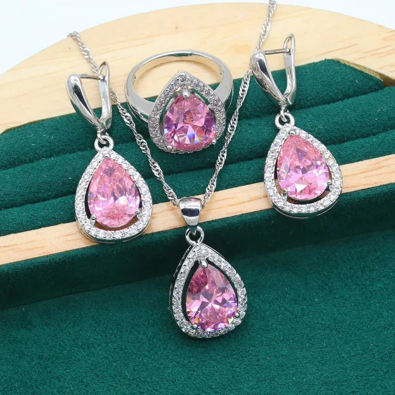 Women's Wedding Pendant Necklace,  Earrings, Bracelet & Ring Set - 925 Silver With Water Drop Design Rainbow Topaz  Jewelry Set For Party, Daily Wear Or Special Occasions - Ideal Gift for Women