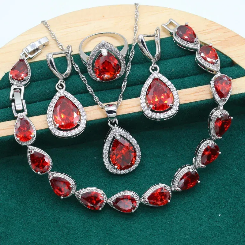 Women's Wedding Pendant Necklace,  Earrings, Bracelet & Ring Set - 925 Silver With Water Drop Design Rainbow Topaz  Jewelry Set For Party, Daily Wear Or Special Occasions - Ideal Gift for Women