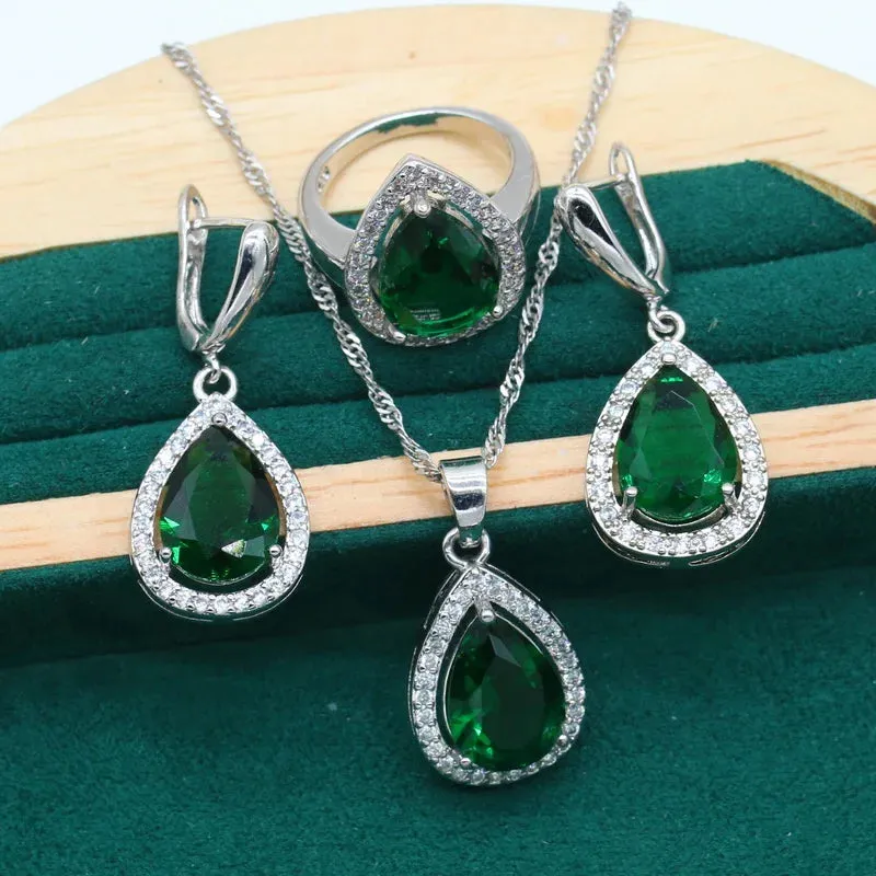 Women's Wedding Pendant Necklace,  Earrings, Bracelet & Ring Set - 925 Silver With Water Drop Design Rainbow Topaz  Jewelry Set For Party, Daily Wear Or Special Occasions - Ideal Gift for Women