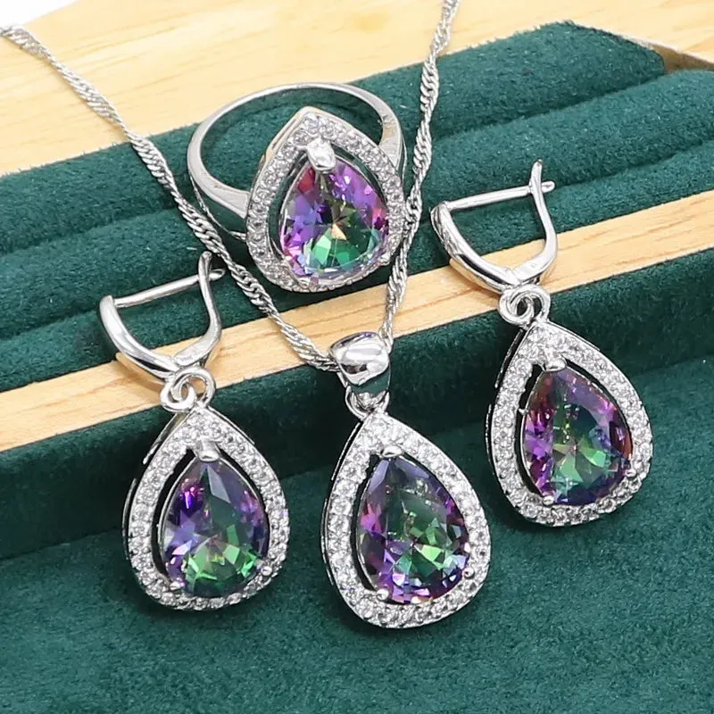 Women's Wedding Pendant Necklace,  Earrings, Bracelet & Ring Set - 925 Silver With Water Drop Design Rainbow Topaz  Jewelry Set For Party, Daily Wear Or Special Occasions - Ideal Gift for Women