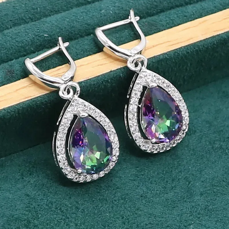 Women's Wedding Pendant Necklace,  Earrings, Bracelet & Ring Set - 925 Silver With Water Drop Design Rainbow Topaz  Jewelry Set For Party, Daily Wear Or Special Occasions - Ideal Gift for Women