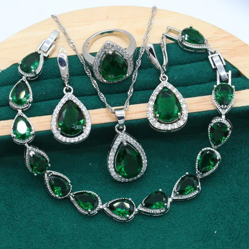 Women's Wedding Pendant Necklace,  Earrings, Bracelet & Ring Set - 925 Silver With Water Drop Design Rainbow Topaz  Jewelry Set For Party, Daily Wear Or Special Occasions - Ideal Gift for Women