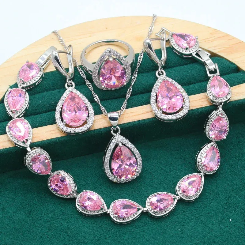Women's Wedding Pendant Necklace,  Earrings, Bracelet & Ring Set - 925 Silver With Water Drop Design Rainbow Topaz  Jewelry Set For Party, Daily Wear Or Special Occasions - Ideal Gift for Women