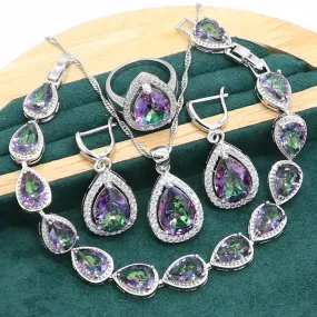 Women's Wedding Pendant Necklace,  Earrings, Bracelet & Ring Set - 925 Silver With Water Drop Design Rainbow Topaz  Jewelry Set For Party, Daily Wear Or Special Occasions - Ideal Gift for Women