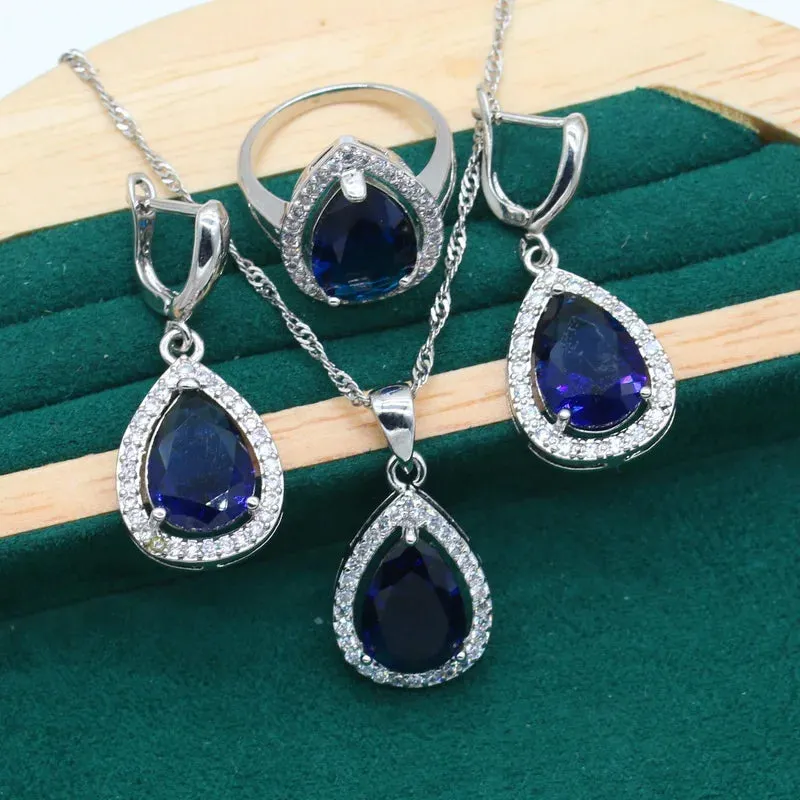 Women's Wedding Pendant Necklace,  Earrings, Bracelet & Ring Set - 925 Silver With Water Drop Design Rainbow Topaz  Jewelry Set For Party, Daily Wear Or Special Occasions - Ideal Gift for Women